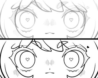 May include: Line drawing of a cartoon character with large eyes and a heart shape in each pupil. The character has short hair and is looking directly at the viewer. The drawing is in black and white.