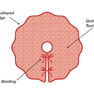 May include: A circular red and white gingham tree skirt featuring a quilted texture, a scalloped edge, and two red bias binding ties. The text Scalloped Edge, Quilted Texture, and Bias Binding Ties points to specific features on the item.