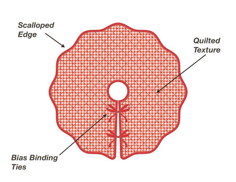 May include: A circular red and white gingham tree skirt featuring a quilted texture, a scalloped edge, and two red bias binding ties. The text Scalloped Edge, Quilted Texture, and Bias Binding Ties points to specific features on the item.