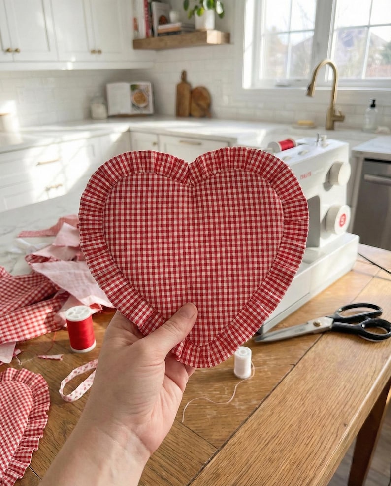 Puede incluir: Un objeto en forma de coraz&oacute;n a cuadros rojos y blancos con un borde con volantes se sostiene en una mano. Suministros de costura, incluyendo carretes de hilo y tijeras, est&aacute;n sobre una mesa de madera. Una m&aacute;quina de coser est&aacute; en el fondo.