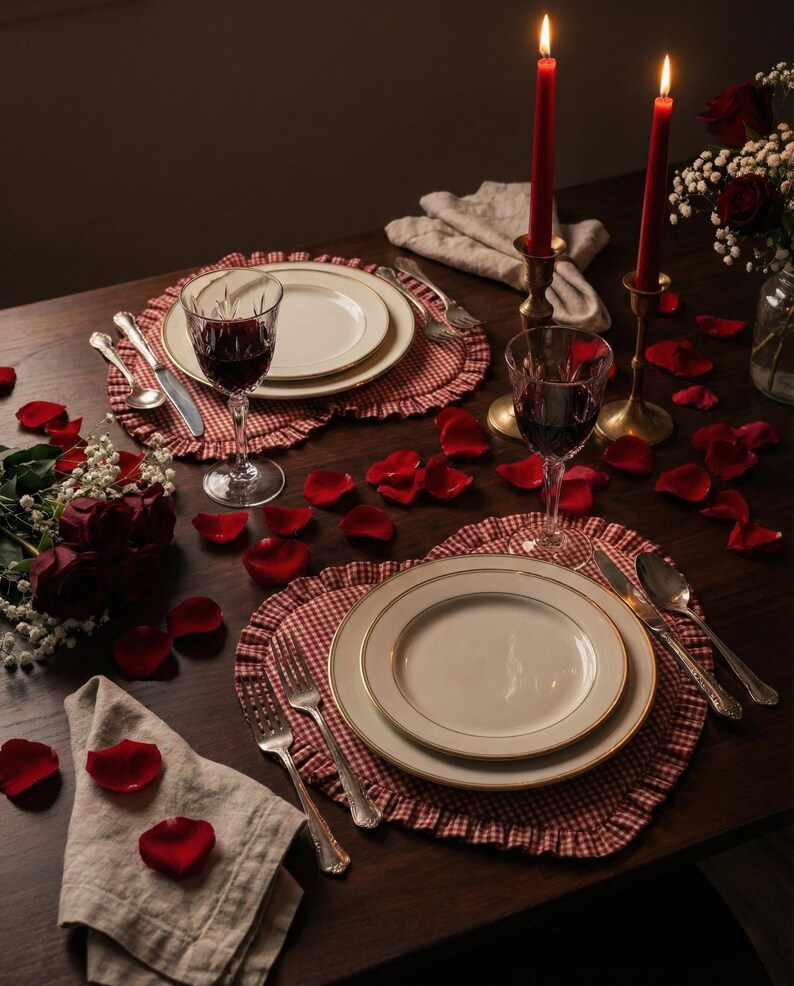 Puede incluir: Una mesa rom&aacute;ntica con dos cubiertos. Cada uno incluye un plato blanco con borde dorado, cubiertos y una copa de vino llena de vino tinto. Manteles individuales rojos en forma de coraz&oacute;n, p&eacute;talos de rosa y velas rojas encendidas completan la escena.