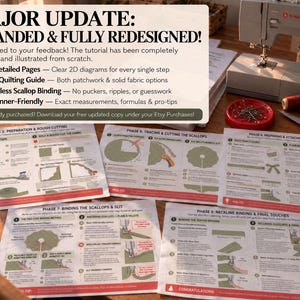 May include: A sewing tutorial document titled MAJOR UPDATE: EXPANDED & FULLY REDESIGNED! featuring 12 pages of 2D diagrams, a quilting guide, and scallop binding instructions. The text includes details on phases 3 through 8 for a sewing project.
