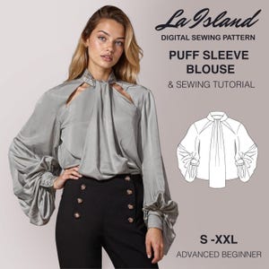 May include: A woman wearing a gray puff sleeve blouse with a keyhole neckline and black pants with gold buttons. The image includes the text "La Island DIGITAL SEWING PATTERN PUFF SLEEVE BLOUSE & SEWING TUTORIAL" and "S-XXL ADVANCED BEGINNER".