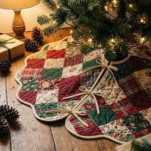 May include: A patchwork Christmas tree skirt in red, green, and cream floral and plaid patterns. The skirt has a scalloped edge and is tied with cream-coloured bows. The skirt is on a wooden floor.