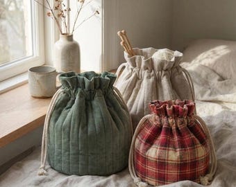 Patrón de costura para bolso acolchado tipo cubo / Bolsa para proyecto de tejido con cordón (PDF)