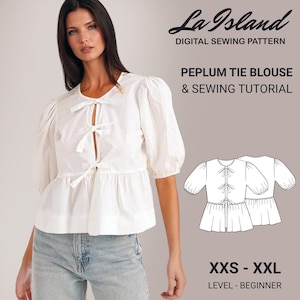 Bow Tie Front Blouse PDF Pattern | Peplum & Long Sleeve Options | Sewing Pattern for Women