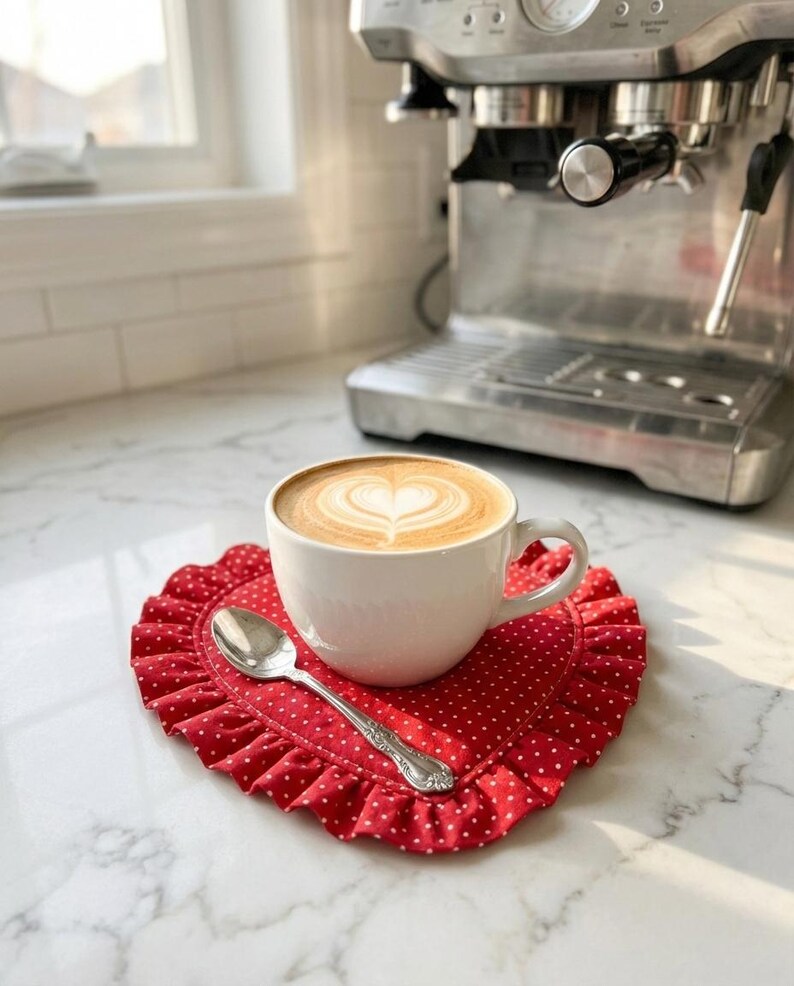 Puede incluir: Una taza de cer&aacute;mica blanca llena de arte latte en forma de coraz&oacute;n, sobre un posavasos rojo en forma de coraz&oacute;n con lunares blancos y un borde con volantes. Una cuchara plateada est&aacute; al lado de la taza.