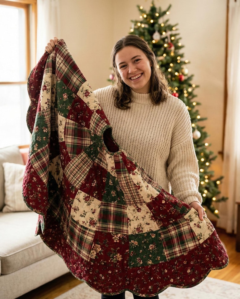 May include: A circular Christmas tree skirt featuring a patchwork design of quilted fabric squares. The pattern alternates between dark red floral prints, green floral prints, and a multi-colored plaid fabric in red, green, and cream tones.