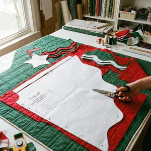 May include: A white paper sewing pattern labeled LA ISLAND Resort Shirt Unisex Skift Panel pinned onto a green and red quilted fabric. Metal scissors are cutting the paper pattern. A yellow rotary cutter and spools of thread are nearby.
