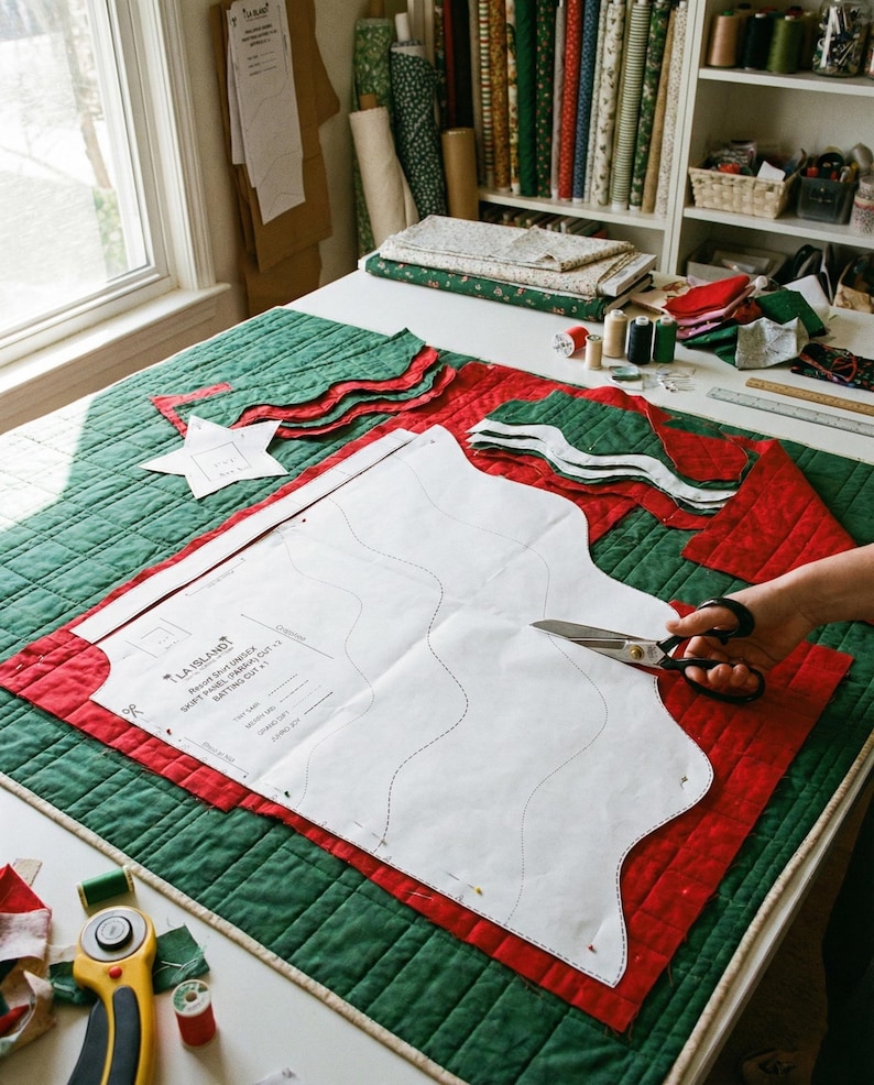 May include: A white paper sewing pattern labeled LA ISLAND Resort Shirt Unisex Skift Panel pinned onto a green and red quilted fabric. Metal scissors are cutting the paper pattern. A yellow rotary cutter and spools of thread are nearby.