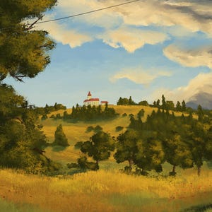 Puede incluir: Una pintura de un paisaje rural con un edificio blanco con un techo rojo en la distancia. El edificio está en la cima de una colina rodeada de árboles verdes. El primer plano es un campo de hierba amarilla con algunas flores rojas.