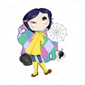 May include: A cartoon illustration of a girl wearing a yellow raincoat and boots. She has dark blue hair and is holding a needle and thread. There is a spider web and a spider in the background.