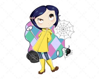 Könnte beinhalten: Eine Cartoon-Illustration eines Mädchens, das einen gelben Regenmantel und Stiefel trägt. Sie hat dunkelblaues Haar und hält eine Nadel und Faden in der Hand. Im Hintergrund befinden sich ein Spinnennetz und eine Spinne.
