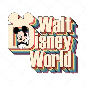 May include: A retro-style graphic featuring Mickey Mouse and the words "Walt Disney World." The design incorporates a 3D effect with rainbow-colored stripes and a cream-colored background. Mickey Mouse is smiling and waving.