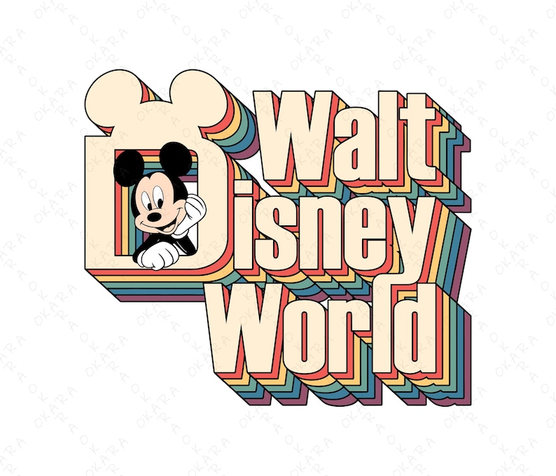May include: A retro-style graphic featuring Mickey Mouse and the words "Walt Disney World." The design incorporates a 3D effect with rainbow-colored stripes and a cream-colored background. Mickey Mouse is smiling and waving.