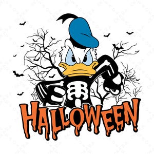 May include: A cartoon duck dressed as a skeleton with a blue sailor hat and the word "HALLOWEEN" in orange dripping letters. The duck is in front of a spooky forest background.