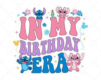 私の誕生日時代のSVG、スティッチの誕生日PNG、天使とスティッチのシャツ、グルーヴィーなレトロな誕生日SVG、かわいい漫画パーティーSVG、クリカット昇華転写