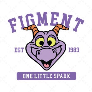 Op de afbeelding: Paarse afbeelding met het woord "FIGMENT" in een collegiale lettertype boven een cartoon drakenfiguur met gele ogen en oranje hoorns. Onder de draak staat de tekst "EST 1983" en "ONE LITTLE SPARK" op een paarse banner.