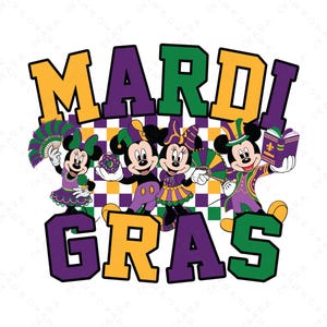 May include: A colorful graphic design featuring Mickey Mouse and friends celebrating Mardi Gras. The text "Mardi Gras" is in purple, yellow, and green letters. Mickey Mouse is wearing a purple and green suit and holding a book. Minnie Mouse is wearing a purple and green dress and holding a fan. Donald Duck is wearing a purple and green suit and holding a book. Goofy is wearing a purple and green suit and holding a book.