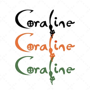 May include: Three variations of the word "Coraline" in black, orange, and green. Each word features a button in place of the letter "o" and a stylized cat tail extending from the letter "l".