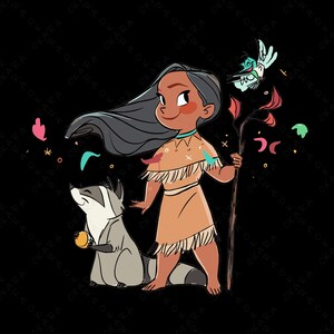May include: A cartoon illustration of a Native American girl with long black hair wearing a brown dress with fringe. She is holding a stick with a red flower on top. A raccoon is standing next to her, and a blue bird is flying above her head.