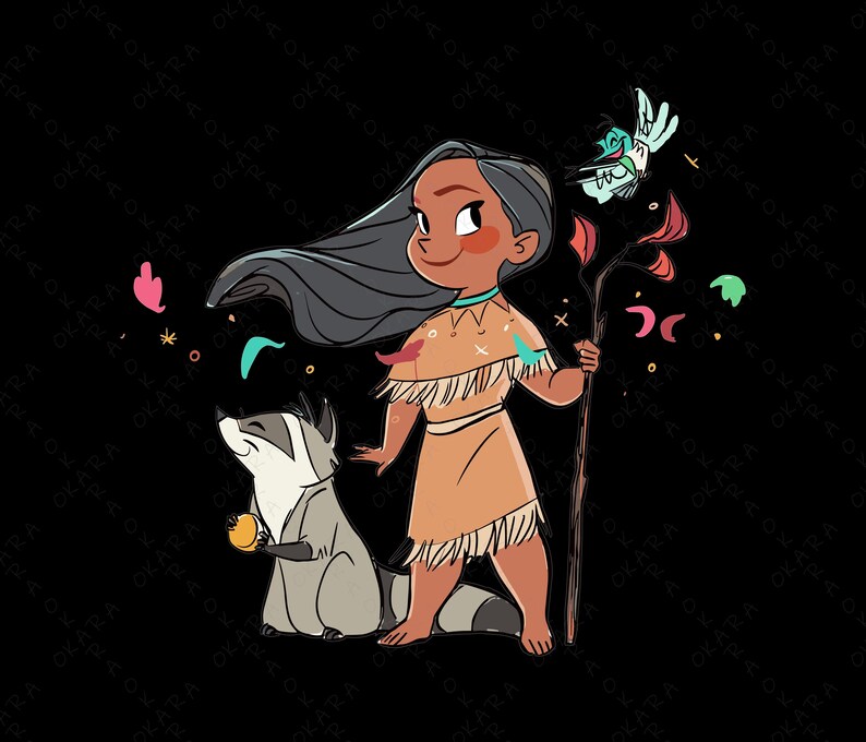 May include: A cartoon illustration of a Native American girl with long black hair wearing a brown dress with fringe. She is holding a stick with a red flower on top. A raccoon is standing next to her, and a blue bird is flying above her head.