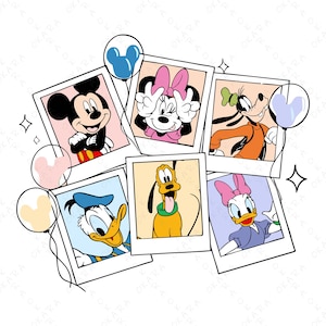 May include: A collection of six polaroid-style photos featuring beloved Disney characters: Mickey Mouse, Minnie Mouse, Goofy, Donald Duck, Pluto, and Daisy Duck. Each character is in a different pose, with balloons and stars adding to the festive design.