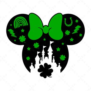 May include: Black and green silhouette of Mickey Mouse ears with a green bow, shamrocks, lightning bolts, a horseshoe, and a castle in the center.