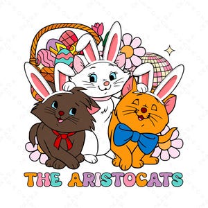 Może przedstawiać: Trzy kreskówkowe koty w uszach króliczych i trzymające pisanki wielkanocne. Koty są białe, brązowe i pomarańczowe. Tekst "THE ARISTOCATS" znajduje się pod kotami.