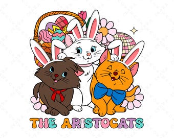Aristocats Easter Svg Png | Retro Marie Cat Bunny Ears | Groovy Disco Spring Sublimation Design | Toulouse Berlioz Kitten Clipart for Shirt