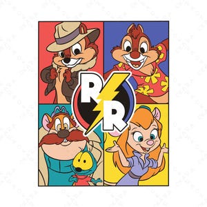 Op de afbeelding: Een kleurrijke afbeelding met vier cartoon eekhoorns in aparte vierkanten. Het midden heeft een logo met de letters "RR" en een gele bliksemschicht. De eekhoorns zijn in verschillende outfits en poses.
