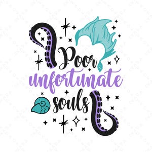 Op de afbeelding: Een grafisch ontwerp met de tekst "Poor unfortunate souls" in zwart en paars script. Het ontwerp bevat illustraties van tentakels, een zeeschelp en gestileerd haar van een zeewezen, alles tegen een witte achtergrond met steraccenten. Geschikt voor kleding en accessoires.