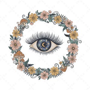 May include: A whimsical illustration features a detailed eye with a starry night sky and crescent moon within the iris. The eye is surrounded by a floral wreath with mushrooms, in shades of pink, yellow, and green, creating a bohemian aesthetic.