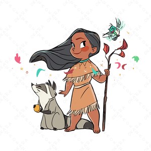 May include: A cartoon illustration of a Native American girl with long black hair, wearing a brown and tan dress with fringe, holding a stick with a bird on top. She is standing next to a raccoon holding an orange fruit.