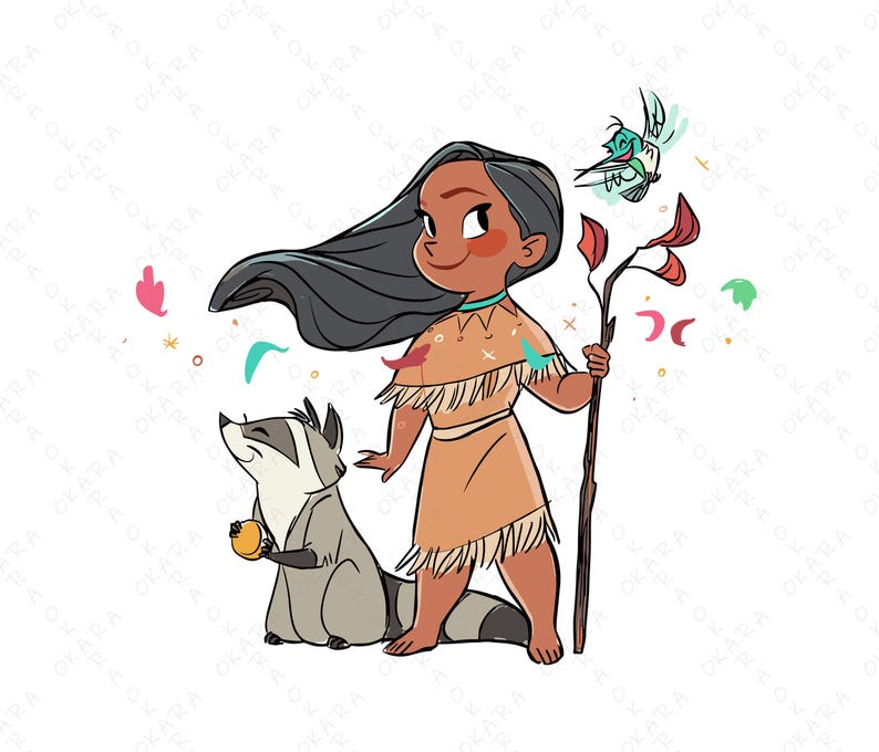 May include: A cartoon illustration of a Native American girl with long black hair, wearing a brown and tan dress with fringe, holding a stick with a bird on top. She is standing next to a raccoon holding an orange fruit.
