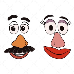 Puede incluir: Dos caras de dibujos animados sobre un fondo blanco. La cara masculina tiene un bigote negro, una nariz naranja y una boca roja sonriente. La cara femenina tiene pestañas, una nariz rosa y una boca roja sonriente.