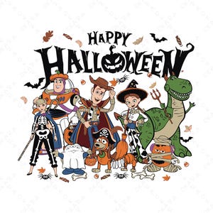 Może przedstawiać: Graficzna ilustracja przedstawiająca postacie z Toy Story w kostiumach na Halloween z napisem HAPPY HALLOWEEN. Postacie obejmują szkielet, strażnika kosmicznego, kowboja, czarownicę, dinozaura z trójzębem, ducha, psa pirata oraz mumię.