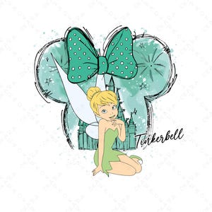 May include: A whimsical illustration of Tinkerbell, a blonde fairy in a green dress, kneeling. She is set against a teal castle and a Mickey Mouse ear silhouette with a polka-dot bow. The word "Tinkerbell" is written in cursive.
