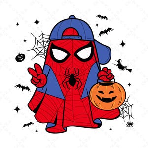 May include: A graphic illustration of a ghost wearing a red and blue spider-themed costume and a blue baseball cap. The ghost is making a peace sign with one hand and holding an orange jack-o'-lantern bucket, surrounded by bats, webs, and stars.