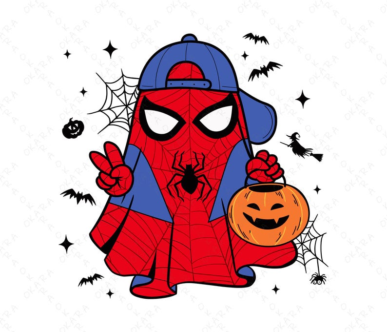May include: A graphic illustration of a ghost wearing a red and blue spider-themed costume and a blue baseball cap. The ghost is making a peace sign with one hand and holding an orange jack-o'-lantern bucket, surrounded by bats, webs, and stars.