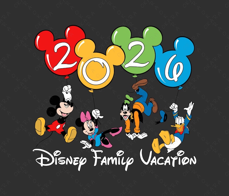 May include: A graphic featuring Mickey Mouse, Minnie Mouse, Goofy, and Donald Duck holding balloons shaped like Mickey Mouse ears with the numbers 2020. The text "Disney Family Vacation" is written in white below the characters on a dark gray background.