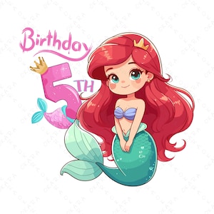 Ariel Png, Ariel Birthday Png, Printable Ariel Birthday T-Shirt Design, Birthday Sublimation, Birthday Png, Ariel Svg, 5th Birthday Png