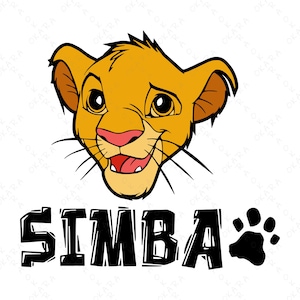 May include: A cartoon illustration of Simba, the lion cub, with a smiling expression. The image features Simba's head in shades of yellow and brown, with the name "SIMBA" in bold, black letters below, and a black paw print.
