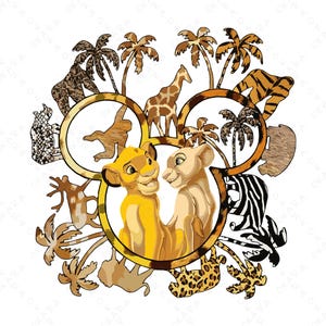 May include: A vibrant illustration of Simba and Nala from The Lion King, framed within a Mickey Mouse silhouette. The design includes African animals and palm trees, using a palette of yellows, browns, and greens, set against a white background.