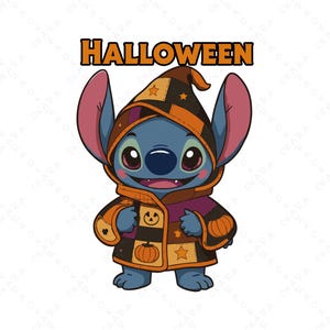 May include: A cartoon illustration of a blue alien character wearing a Halloween costume. The costume includes a brown and orange hat and coat with pumpkin and star designs. The word "HALLOWEEN" is printed above the character in orange letters.