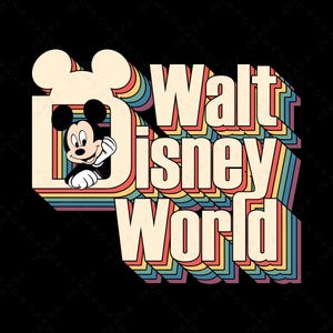 May include: Retro-style graphic featuring Mickey Mouse and the words "Walt Disney World." The design uses a layered effect with rainbow-colored stripes and a black background. Mickey Mouse is smiling.