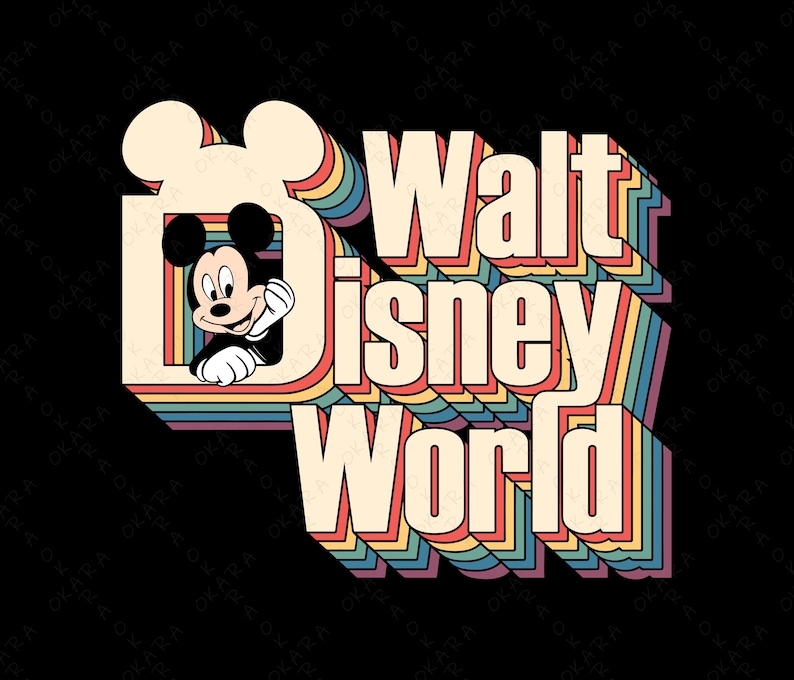 May include: Retro-style graphic featuring Mickey Mouse and the words "Walt Disney World." The design uses a layered effect with rainbow-colored stripes and a black background. Mickey Mouse is smiling.