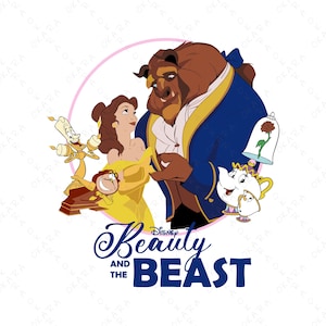 May include: A colorful illustration featuring characters from Disney's Beauty and the Beast. Belle in a yellow dress, the Beast in a blue coat, and other characters like Lumiere and Mrs. Potts are shown. The title "Beauty and the Beast" is also displayed.
