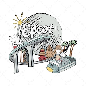 Op de afbeelding: Een cartoon illustratie met het woord "Epcot" in een gestileerd lettertype, tegen een grote geodesische bol. Een futuristische monorail en een stripfiguur in een ruimtepak zijn ook afgebeeld.