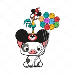 May include: A cartoon illustration of a pig wearing a Mickey Mouse Club hat, with a rooster on top. The pig is holding a bunch of colorful balloons. The image has a white background and is outlined in black.